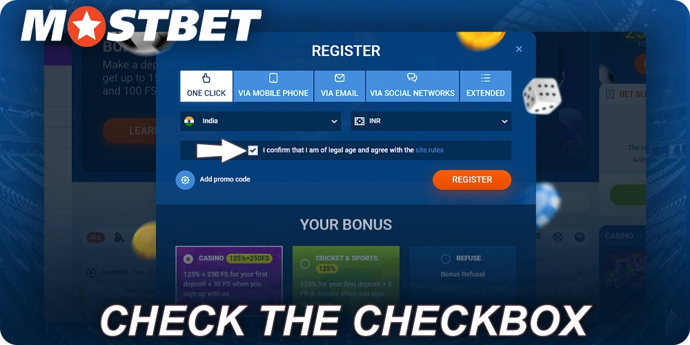 Mostbet रजिस्टर फॉर्म में चेकबॉक्स चेक करें