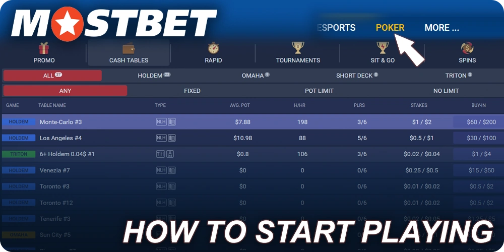 Step-by-step instructions on how to start playing online poker at Mostbet